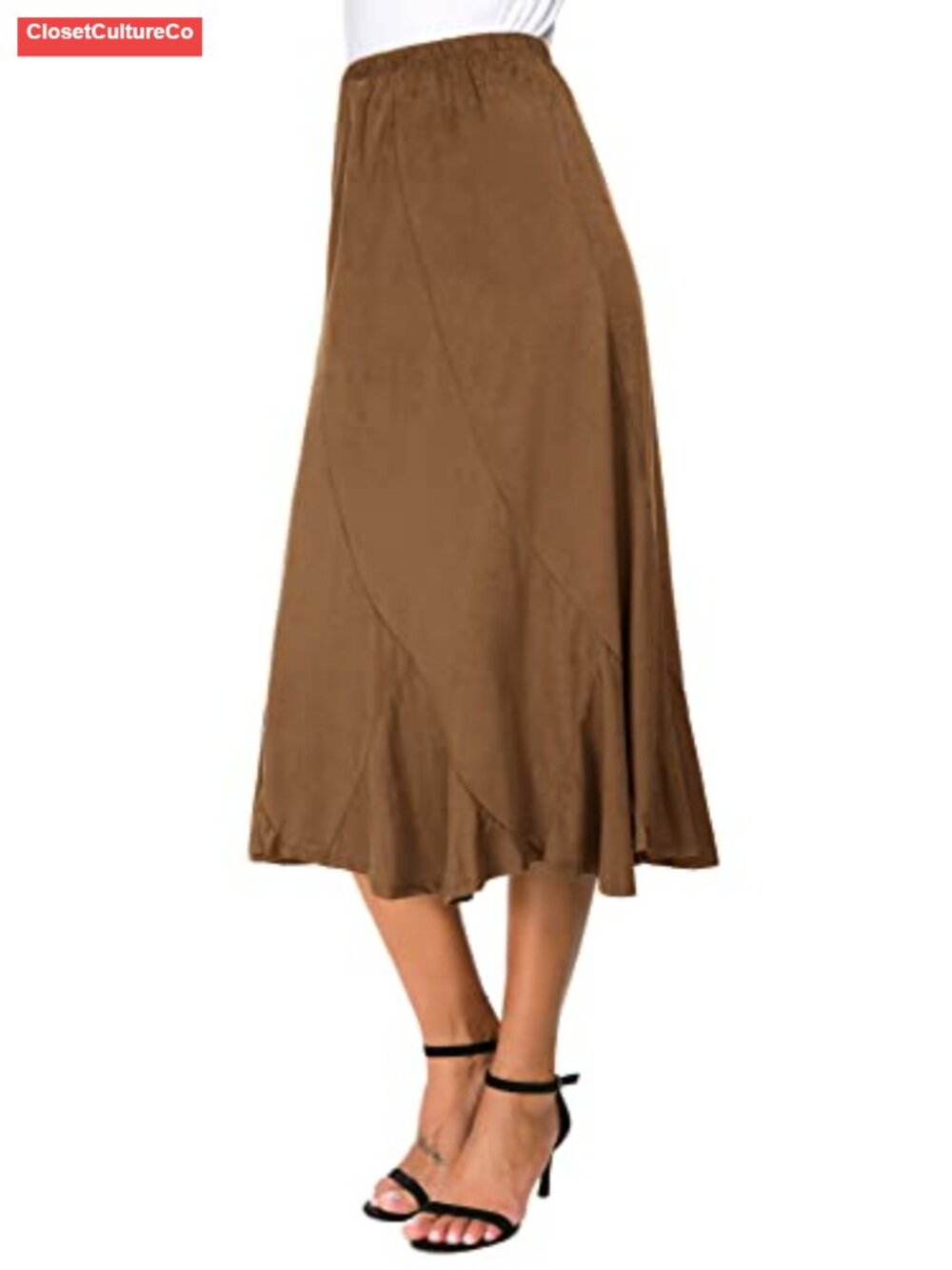 Suede A-Line Midi Skirt Elastic Waist Ruffle Hem